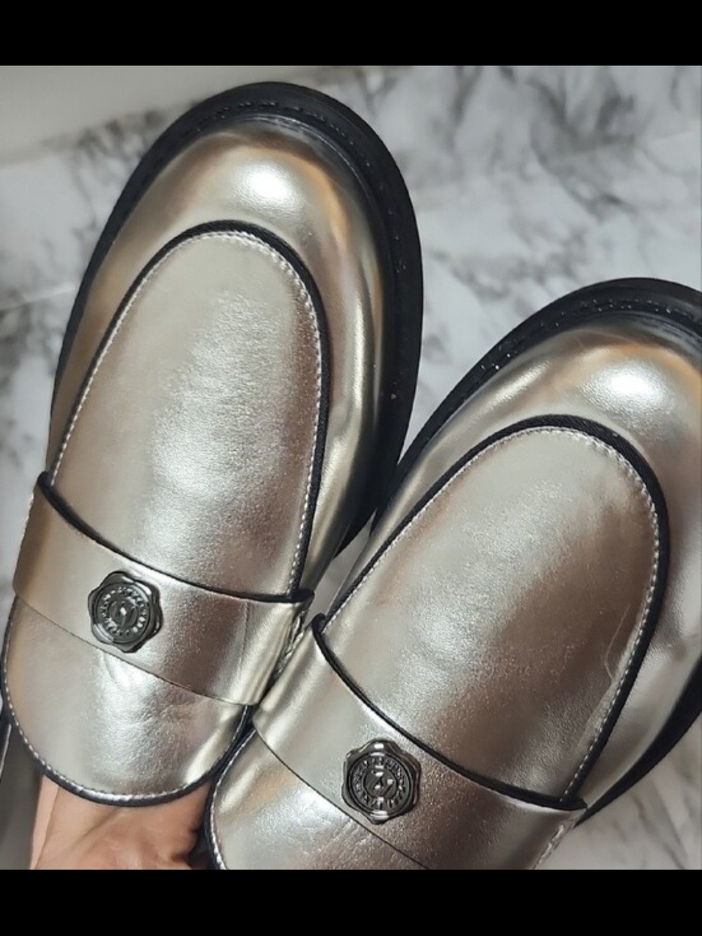 Karl Lagerfeld Silver Metallic Penny Loafers - Picture 2 of 5